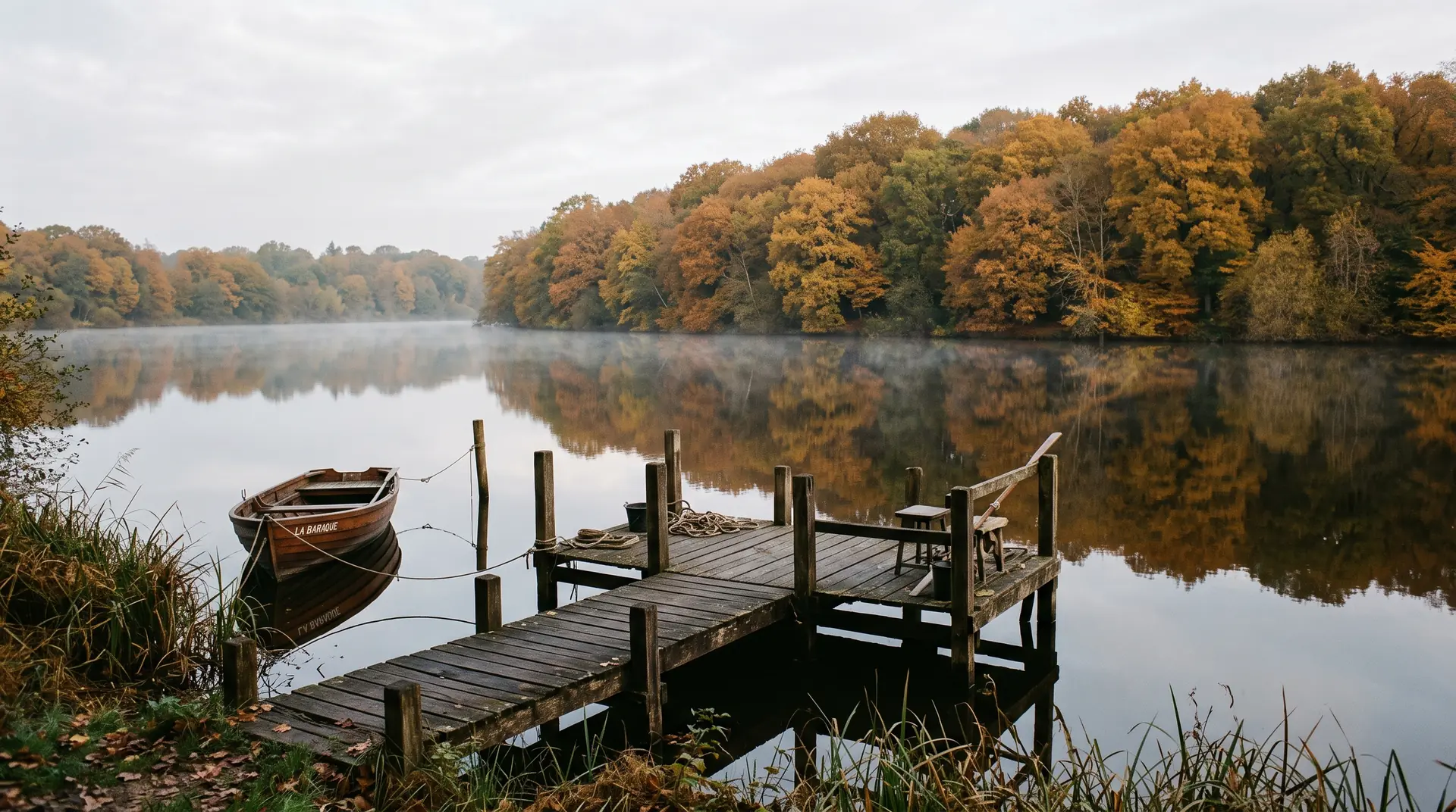 Ponton de pêche en bois sur une rivière calme en automne